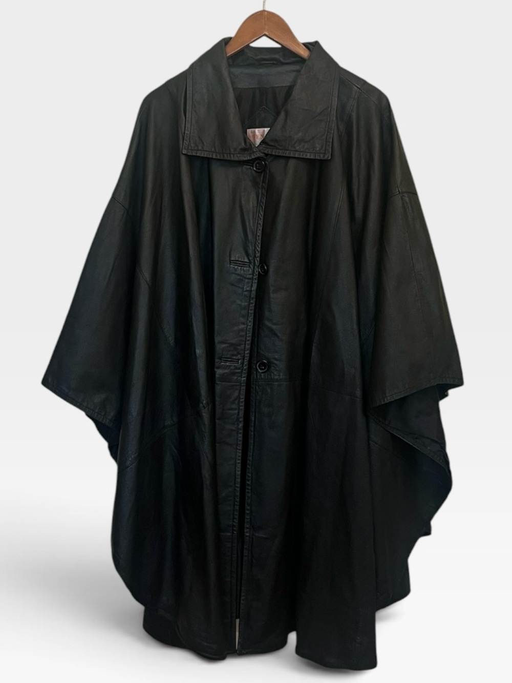 Vintage Black Leather Cape Coat with Button Front